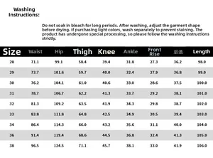 Detailed size chart and washing care guide for men vintage slim fit straight denim jeans