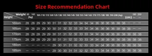 Size chart for slim fit black denim jeans with height and weight measurements in kilograms