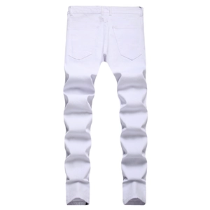Weiße schmale Slim-Fit-Herrenjeans mit Splatter-Lack-Design und elastischem Stoff am Bein