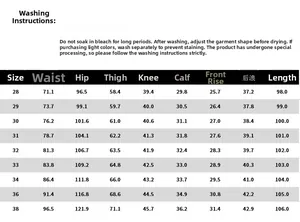 Detaillierte Größentabelle für Slim Fit Patch-Jeans mit Maßen von Größe 28 bis 38