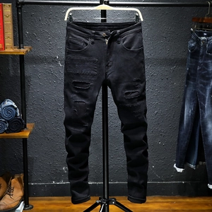 Men Slim Fit Ripped Patch Denim Jeans Black Distressed Brushed Lining Stretchy Streetwear Casual Cotton Blend Trousers