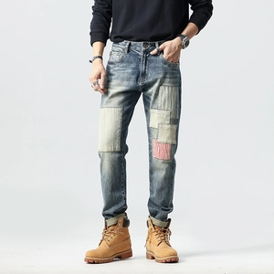 Men Vintage Patchwork Jeans Slim Fit Straight Leg Denim Pants Washed Distressed Blue Streetwear Trousers For Casual Male