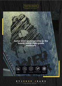 Detail of blue denim fabric with black abstract print and premium cotton texture