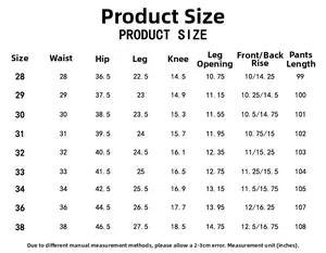 Detailed size guide in inches for men's patched slim fit denim jeans with measurement chart