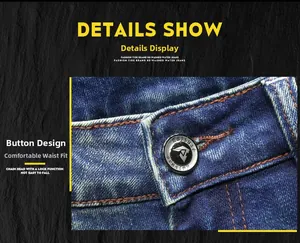Detail of dark blue denim jeans showing a black metal button and orange contrast stitching