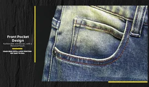 Detail of blue denim jeans front pocket with yellow contrast stitching and metal rivets