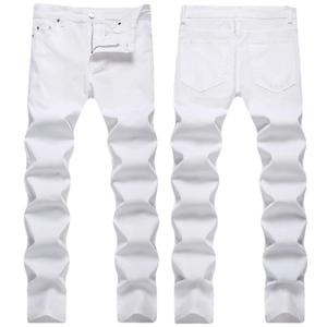 Front and back view of men's slim fit white stretch denim jeans with pleated texture