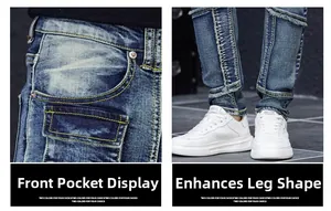 Détail des poches avant et de la coupe fuselée du jean en denim bleu pour hommes