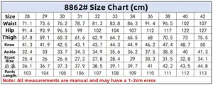 Detailed size chart for men's distressed fringe jeans showing measurements in cm