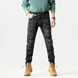 Men Retro Ripped Distressed Paint Splatter Jeans Black Slim Fit Cotton Blend Denim Long Pants Streetwear Casual Fashion Bottoms