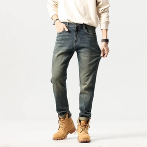 Men's Vintage Washed Jeans American Retro Distressed Cotton Denim Straight Leg Pants Casual Workwear Bottoms For Men
