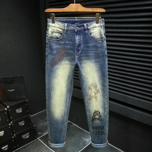Men Street Style Slim Fit Straight Leg Jeans Vintage Washed Distressed Denim Pants With Embroidery Text Print Cotton Trousers