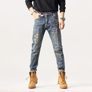 Jeans Slim Fit High Street pour Hommes Avec Éclaboussures de Peinture Colorées Pantalon Crayon en Denim Bleu Lavé Streetwear Rétro