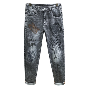 Jean slim gris foncé pour hommes avec motifs graffiti et imprimés de monstres urbains