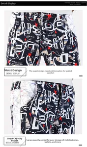 Detail of elastic waistband and large side pockets on street style graffiti denim pants