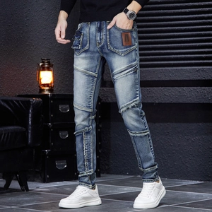 Jean slim pour homme bleu foncé délavé avec empiècements et fermetures éclair style motard