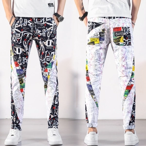 Men's Streetwear Slim Fit Graffiti Print Denim Jeans Korean Trendy Skinny Stretch Cotton Blend Casual Long Pants