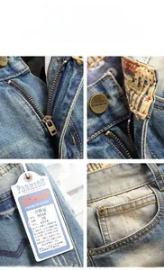 Detail showing metal buttons, zipper, pocket stitching, and fabric tag of denim jeans