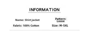 Specifications of 100% cotton loose fit shirt jacket available in sizes M to 5XL