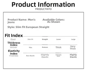 Detailed parameter chart showing slim fit straight leg jeans with medium stretch and thickness