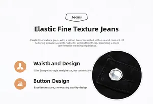 Détail du bouton métallique et de la texture denim élastique sur jean noir slim homme