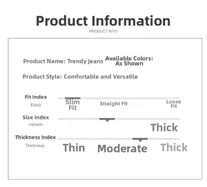 Tableau des tailles pour jeans tendance montrant la coupe slim et l'élasticité moyenne
