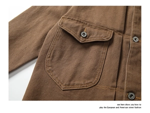 Close-up of brown canvas work jacket showing durable texture and metal button detail