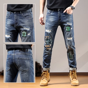 Men's Retro Distressed Ripped Patchwork Denim Jeans Slim Fit Stretch Blue Embroidered Streetwear Fashion Casual Trousers