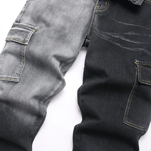 Men's two-tone contrast cargo jeans with slim fit design and utility side pockets