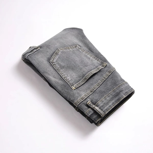 Men's slim fit dark grey washed denim cargo pants with contrast stitching detail