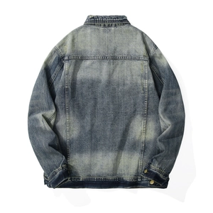Vintage wash blue denim jacket for men featuring classic back stitching and metal buttons