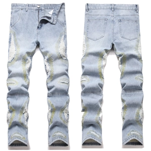 Men American Street Trendy Slim Straight Jeans Embroidered Distressed Ripped Denim Pants Light Blue Washed Cotton Bottoms
