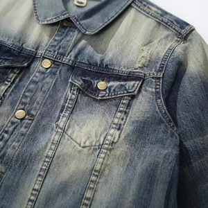 Classic vintage washed denim jacket for men in blue and green hues with metal buttons