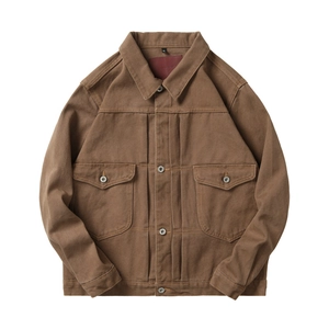 American Vintage Men Brown Cotton Canvas Workwear Jacket Single Breasted Multi Pocket Casual Outerwear Lapel Long Sleeve Coat
