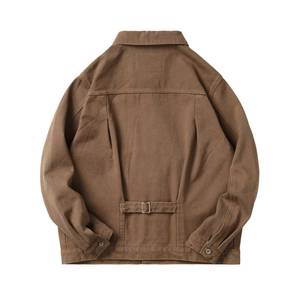 Men's retro brown canvas work jacket back view featuring adjustable cinch back and pleats
