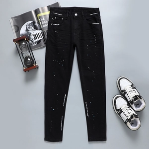 Jean Slim Noir pour Homme avec Éclaboussures de Peinture Streetwear en Denim de Coton avec Surpiqûres Contrastées Pantalon Long