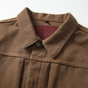 Men's retro canvas work jacket in dark brown with durable heavy denim texture and collar
