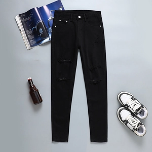 Jeans Déchirés pour Hommes Coupe Ajustée Pantalon en Denim Noir Distressed Streetwear Vintage Pantalon à Trous Revers Rouge