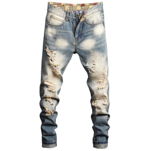 Men's retro light blue washed distressed denim jeans with slim straight fit style