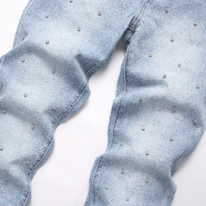 Men's high street light blue flared jeans with silver glitter and rhinestone detailing