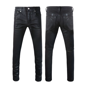 Front and back view of men's slim fit black coated denim jeans with glossy finish