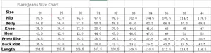 Detailed size chart for black high street flare jeans including waist and length measurements