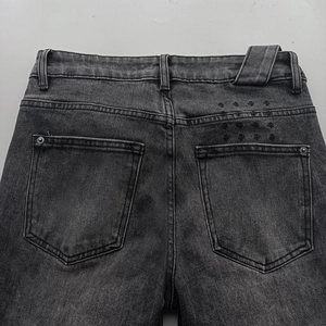 Retro washed grey straight denim pants with distressed patch details and back embroidery