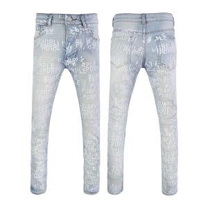 Front and back view of light blue slim fit denim jeans with white letter prints