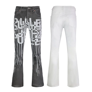 Men High Street Flare Jeans Splash Ink Print Patchwork Distressed Washed Denim Trousers Casual Hip Hop Streetwear Style