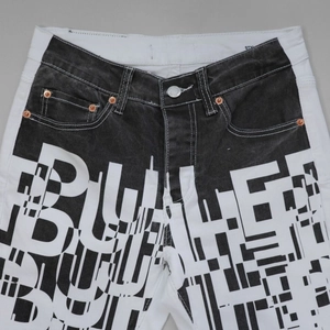 Mens high street denim jeans with black white patchwork and artistic letter print