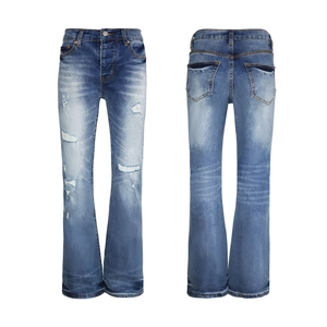 Distressed dark blue flare jeans with embroidery and vintage washed details, front and back