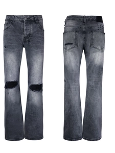 Jean Évasé en Denim Délavé pour Hommes en Coton Distressed Coupe Slim Bootcut Pantalon Style Vintage High Street