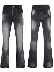 Men High Street Vibe Washed Black Flare Jeans Cotton Blend Distressed Hem Rhinestone Side Trim Denim Pants For Streetwear