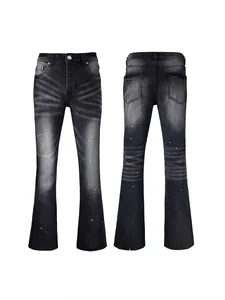 Jeans Évasés High Street pour Hommes en Denim de Coton Délavé Avec Éclaboussures de Peinture Rétro Coupe Slim Noir Charbon
